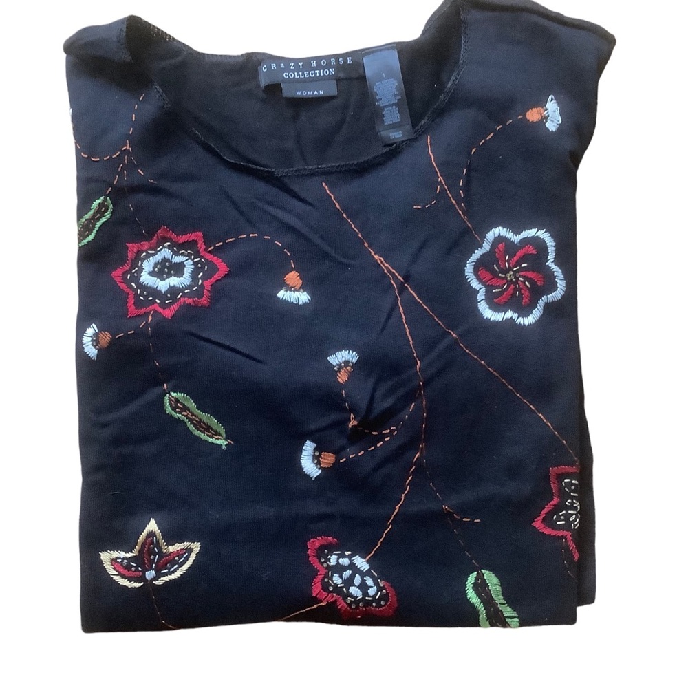 Vtg Crazy horse collection ribbed long sleeve T-shirt pullover black embroidered